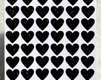 Black Glitter Heart Stickers! - tiny 0.2 to 3 inch - Glossy - Choose a Size!
