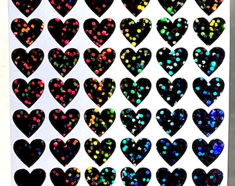 Black Holographic Sparkle Heart Stickers! - 1/4 to 3 inch - Choose a Size!