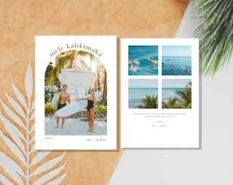May include: A Christmas card with a photo of a couple on a beach in Hawaii. The card says "Mele Kalikimaka" and "20XX" and is signed "Jax & Jessiane". The back of the card has a collage of photos of the beach and the text "Wishing you a wave of joy this holiday season! Sending warm aloha and holiday cheer your way. Aloha, Jax & Jessiane"
