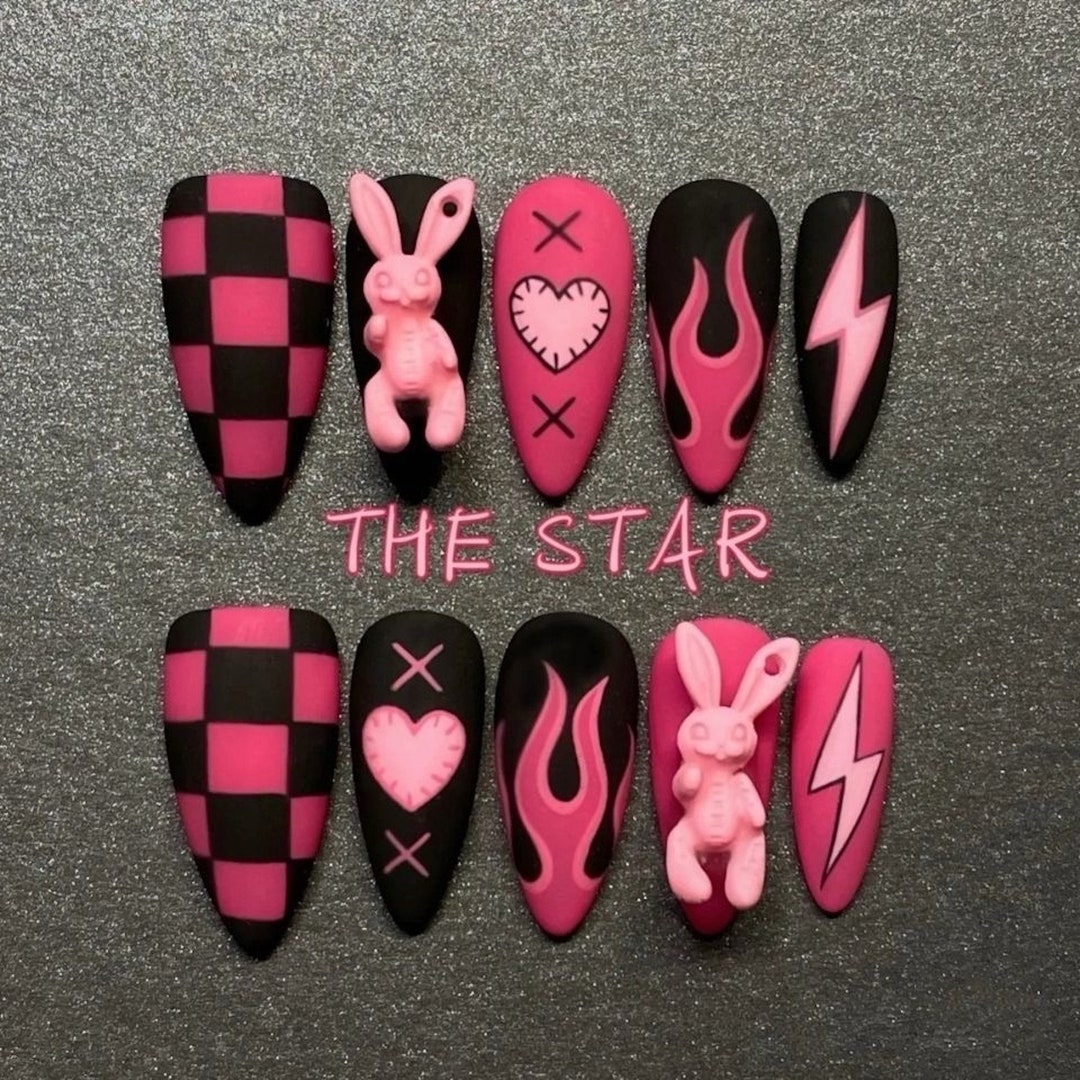 Pink and Black Fake Nails, Pink Press Nails, Rabbit Fake Nails, Cute Girl Nails, Gifts - Etsy