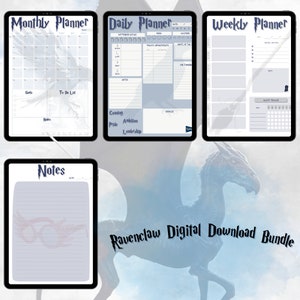 May include: A digital download bundle of Ravenclaw themed planners for a monthly, weekly, and daily schedule. The bundle also includes a notes page with a Ravenclaw themed graphic. The background image is a blue and white illustration of a mythical creature.