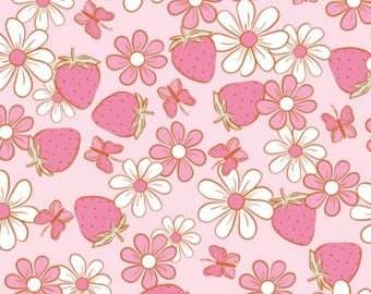 Strawberry Daisy Pattern Cotton fabric, Sold by the Yard