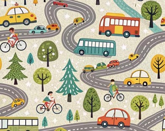 May include: A whimsical illustration featuring winding roads, cars, buses, bicycles, and trees. The design includes yellow, orange, red, green, and blue vehicles, with cyclists riding along the roads. The background is a light beige color with small white stars.