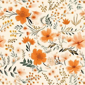 May include: A seamless floral pattern featuring orange and peach flowers with green and brown leaves on a cream background. The design includes various flower sizes and shapes, creating a detailed and naturalistic look.
