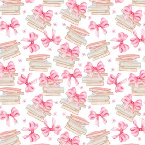 May include: A seamless pattern featuring stacks of books tied with pink bows on a white background. The books are illustrated in watercolor with a soft, pastel color palette.