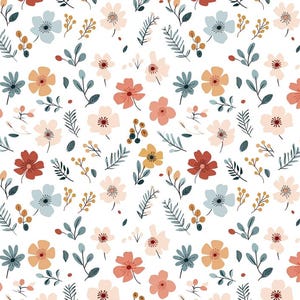 May include: A seamless pattern featuring a variety of colorful flowers and leaves on a white background. The flowers are in shades of pink, red, orange, yellow, and blue. The leaves are in shades of green and blue.