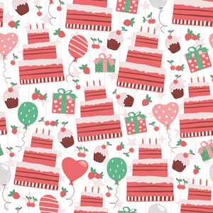 Birthday Gift With Cake Balloon Pattern Pure Cotton Fabric Sold By Half Yard