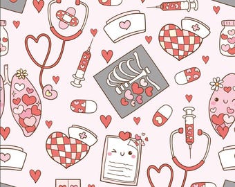 Schattige verpleegster gereedschapsstof liefde Valentijnsdag patroonstof katoenen stof op maat gesneden