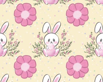 Cute Rabbit & Floral Pattern Fabric,Fresh Spring Fabric,100% Cotton Fabric,Sold By Half Yard