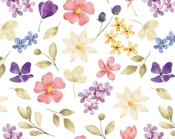 Tissu en coton aquarelle fleurs sauvages, vendu par mètre