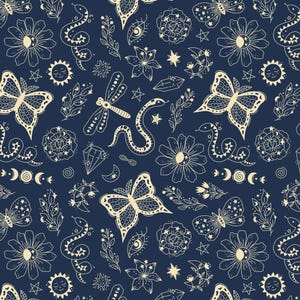 Celestial Bohemian With Butterfly Flower Pattern Pure Cotton Fabric By The Half Yard