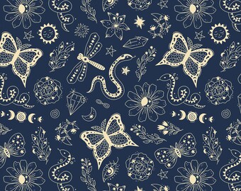 Celestial Bohemian With Butterfly Flower Pattern Pure Cotton Fabric By The Half Yard