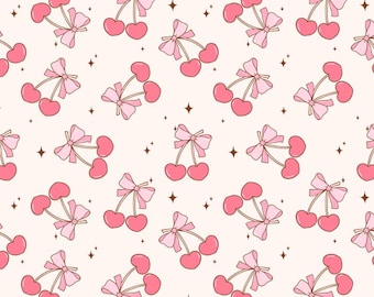 Coquette Pink Cherry Bow Pattern Cotton Fabric By The Half Yard