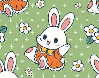 Cute Rabbit Floral Pattern Cotton Fabric Sold By Half Yard