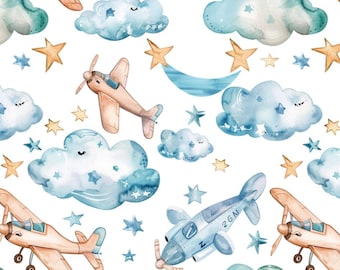 May include: Watercolor pattern featuring airplanes, clouds, stars, and a crescent moon. The design includes light blue and peach-colored airplanes, blue clouds with star accents, and gold stars on a white background. A whimsical, repeating pattern.