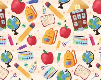 May include: A repeating pattern featuring school-related illustrations. The design includes red apples, yellow backpacks, pencils, globes, watercolour palettes, scissors, glue bottles, and a schoolhouse with the word "SCHOOL". The background is light beige with pink stripes.