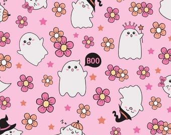 Pink Halloween Seamless Pattern Ghost Cute Halloween, Cotton fabric, Sold by the Yard