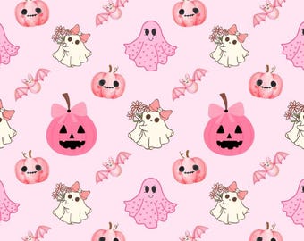 Halloween fabric, pink Halloween pattern, cute Halloween, Cotton fabric, Sold by the Yard