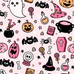 Halloween fabric, pink Halloween pattern, cute Halloween, cotton fabric, sold by the yard
