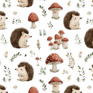 May include: A repeating pattern of cute hedgehogs, red and white spotted mushrooms, and green foliage on a white backdrop. The watercolour illustration has a whimsical woodland theme, suitable for children's items or nature-inspired crafts.