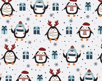 Christmas Cute Penguin Gift Box Pattern Cotton Cartoon Fabric Sold By Half yard