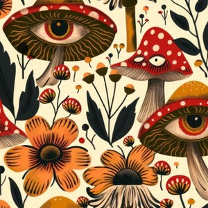 Eye Mushrooms Fabric  Mushrooms with eyes Jungle cotton  Cute mushrooms Interesting Fabric Sold By Half Yard