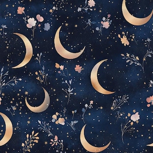 Midsummer Moon Flower Fabric, Summer Night Sky Pattern Fabric, 100% Cotton Fabric, Sold by Half Yard
