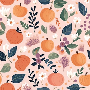 Peut inclure: Un motif sans couture avec des citrouilles orange, des fleurs blanches et des feuilles vertes sur un fond rose. Le motif est parfait pour les projets et les travaux manuels sur le thème de l'automne.