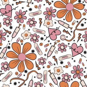 Peut inclure: Un motif sans couture composé d'illustrations médicales et florales. Le motif comprend des fleurs roses et orange, des cœurs avec des lignes d'ECG, des bandages, des pilules, des seringues et un stéthoscope. Le fond est blanc.