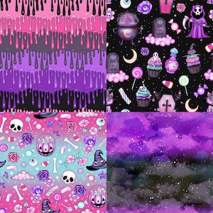 May include: Four different digital paper patterns featuring a spooky and cute Halloween theme. The patterns include dripping purple and pink paint, a black background with cupcakes, a graveyard, and a crescent moon, a pink and blue gradient background with skulls, pumpkins, and witch hats, and a purple and black galaxy background.