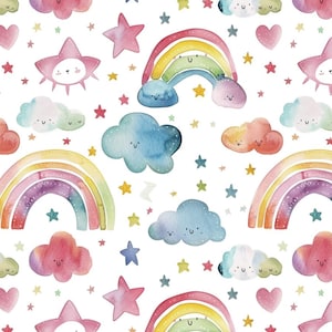 May include: Watercolor pattern featuring rainbows, smiling clouds, stars, and hearts in pastel colors. The design has a whimsical, cheerful aesthetic, perfect for children's products or nursery decor.