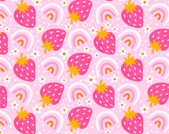 Strawberry Fabric Strawberry and Rainbow Pattern Cotton Fabric By The Half Yard