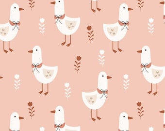 Pink Cute Goose Pattern Cotton Fabric Sold By Half Yard