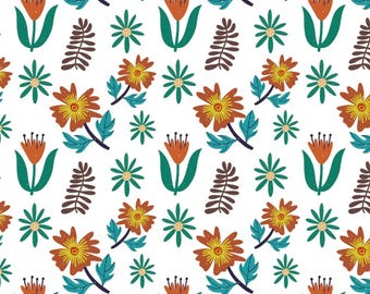 May include: A seamless pattern featuring a variety of colorful flowers and leaves. The pattern includes orange, yellow, red, brown, and green flowers, as well as brown leaves. The background is white.