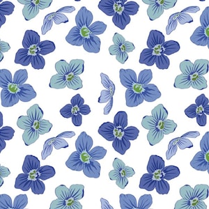 Watercolor Blue Floral  Pattern  Cotton Fabric, Sold By The Half  Yard