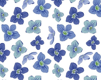 Katoenen stof aquarelblauw bloemenpatroon, per halve meter verkocht