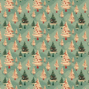 Vintage Christmas Fabric Christmas Tree  Pattern  Cotton Fabric, Sold By The Half  Yard
