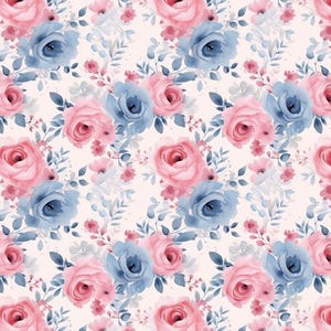Katoenstof met blauwe en roze roos met bloemmotief, per stuk verkocht
