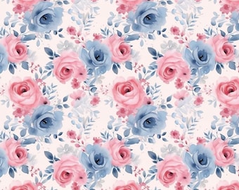Blue & Pink Rose Floral Pattern  Cotton Fabric, Sold By The Half  Yard