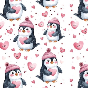 Cute Love Sweet Penguin Pattern Cotton fabric, Sold by the Yard