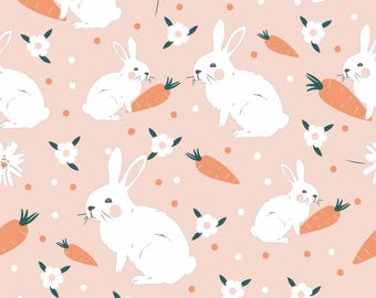 Boho Easter Rabbit Cartoon Fabric 100% Cotton Fabric, Sold By The Half  Yard