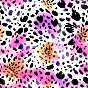 May include: Abstract pattern with a white backdrop, adorned with black, pink, purple, and orange watercolour-style spots. The design has a spotted, animal print aesthetic, with a blend of soft and bold colour variations.