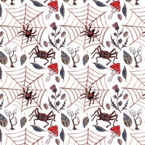 Watercolor Halloween Scary Spider And Mushroom Pattern Fabric Cotton Fabric By The Half Yard
