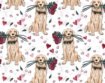 Doux chien d'amour pour la Saint-Valentin tenant un motif de roses tissu en pur coton vendu par demi-mètre