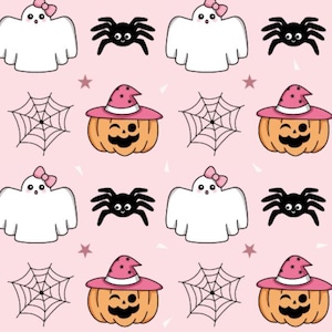 Halloween fabric, scary cute Halloween - Halloween pink fabric, witch ghost pumpkin cotton fabric