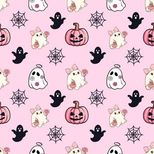 Halloween fabric, pink Halloween pattern with Ghost, Cute Ghost Floral Halloween, Cotton fabric, Sold by the Yard