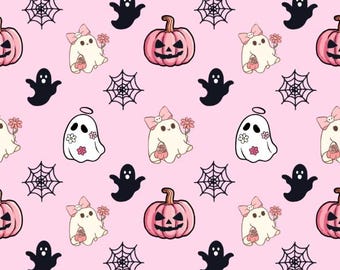 Halloween fabric, pink Halloween pattern with Ghost, Cute Ghost Floral Halloween, Cotton fabric, Sold by the Yard