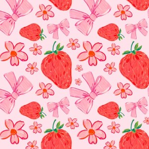 Könnte beinhalten: Ein rosa Hintergrund mit einem sich wiederholenden Muster aus roten Erdbeeren, rosa Schleifen und rosa Blumen. Die Erdbeeren sind in einem einfachen, cartoonartigen Stil gezeichnet.