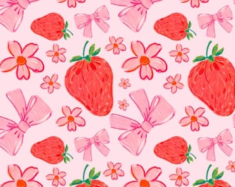 Coquette Bows Pattern, Strawberry Fabric,Cotton fabric, Sold by the Yard