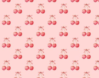 Coquette Sweet Bow Cherry Pattern Pure Cotton Fabric Sold By Half Yard